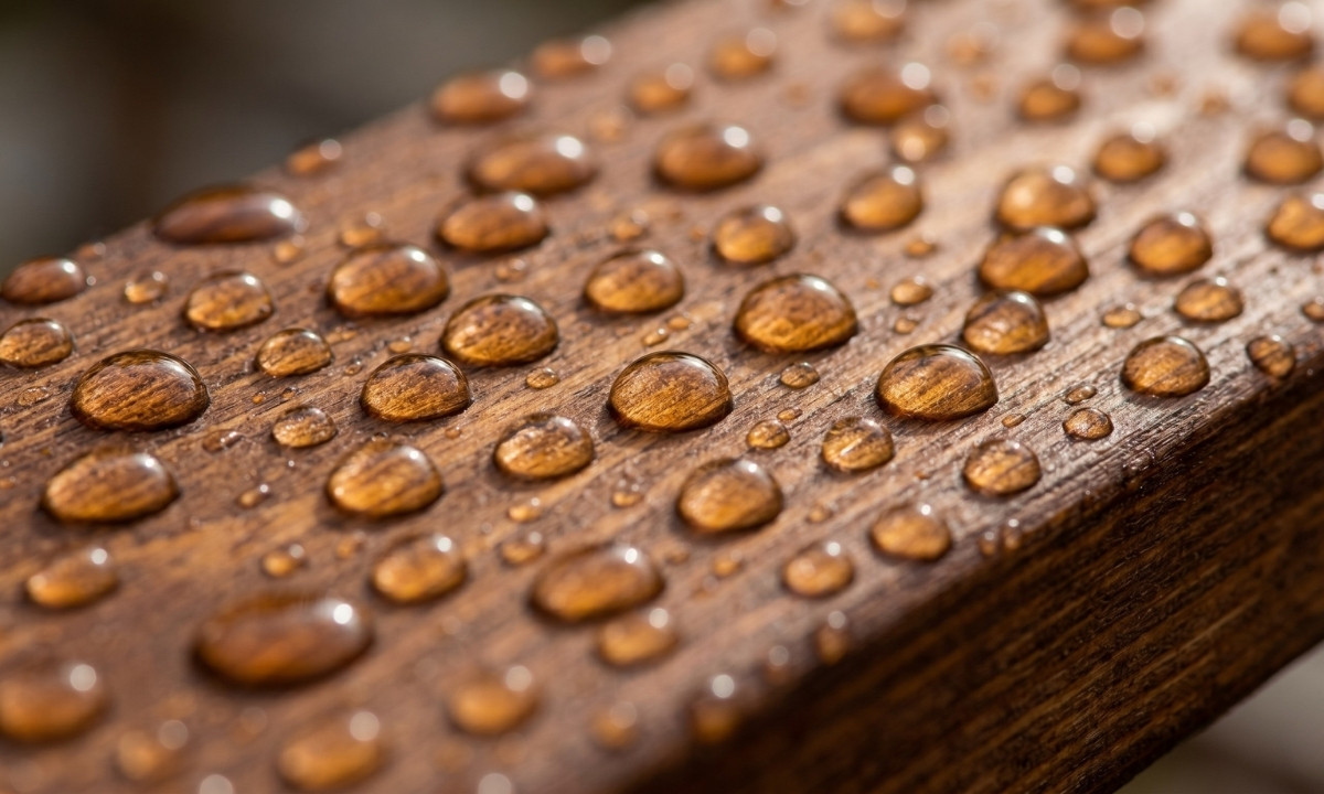 Close-up of water beading on a waterproofed deck surface after professional wood staining in Barrie, Ontario.