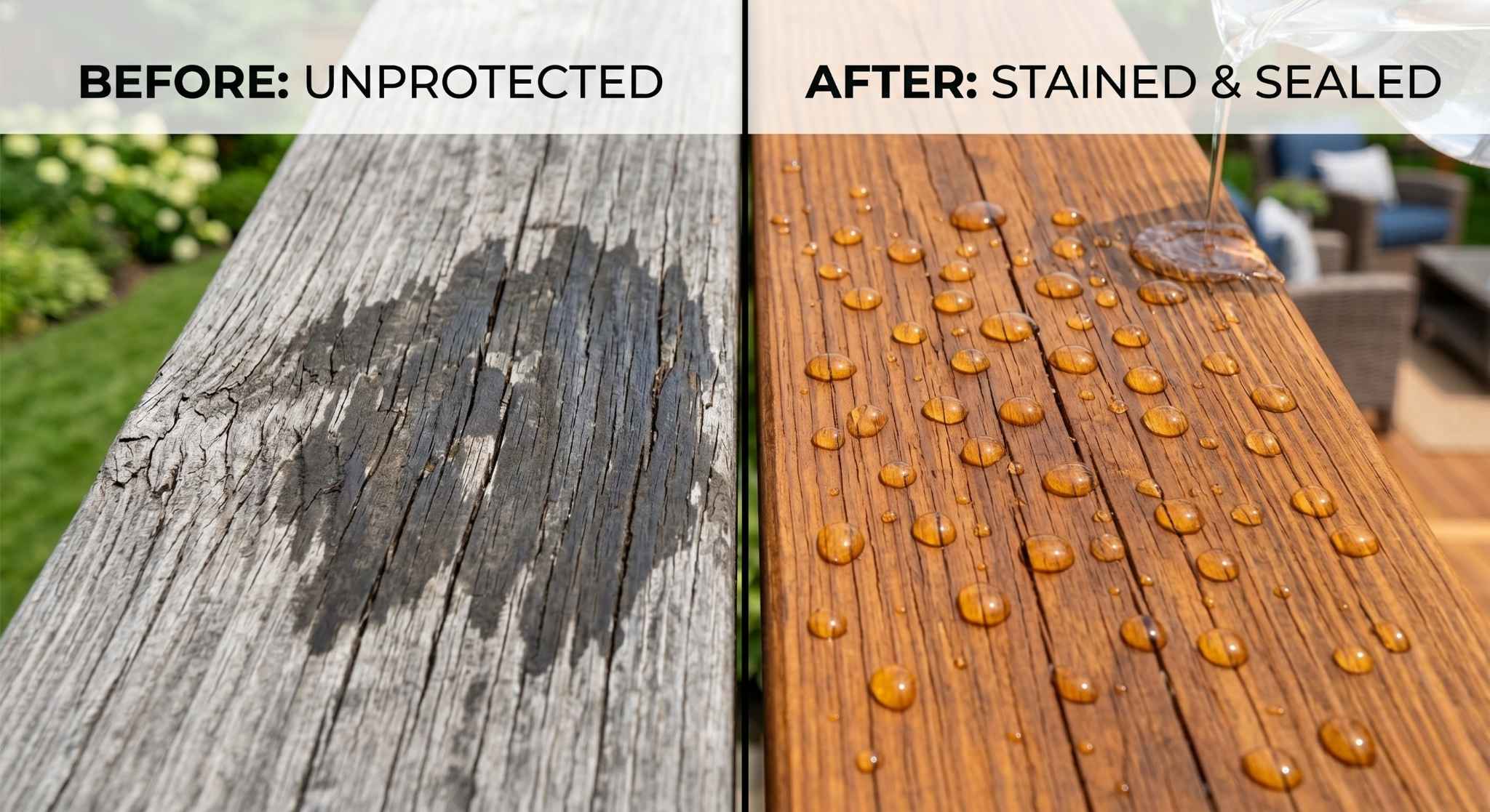 Side-by-side comparison of weathered untreated deck wood and freshly stained sealed wood with water beading on the surface