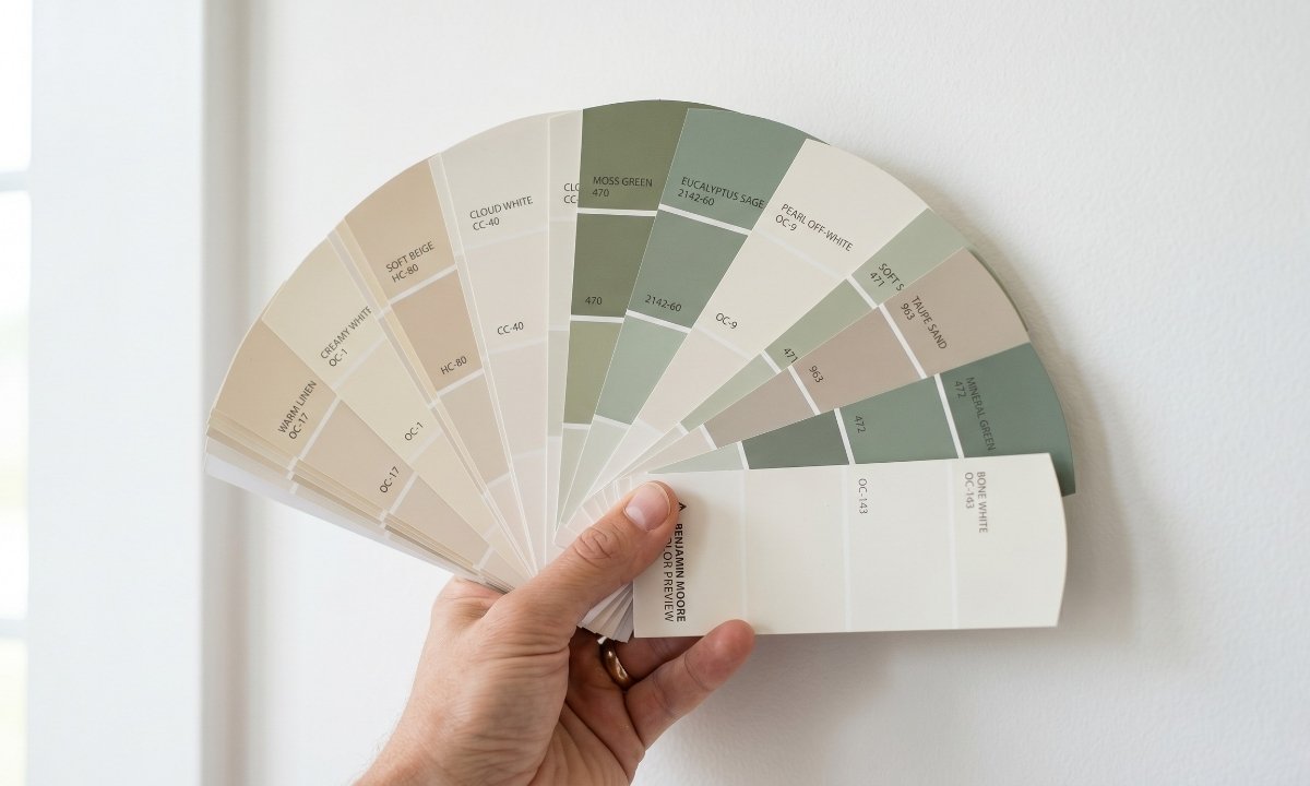 Selecting the best neutral paint colors and off-white swatches for a pre-sale home painting project.