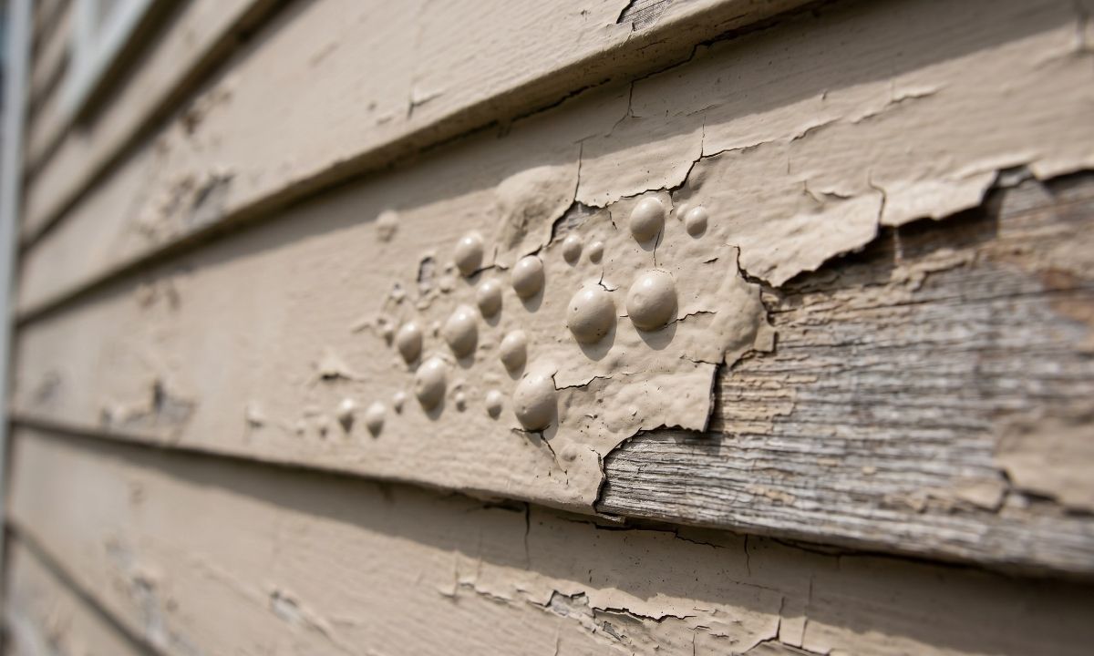 A detailed close-up showing moisture blistering and bubbling on wood siding, a common failure caused by Lake Simcoe's high humidity.
