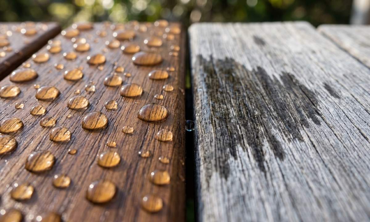 Macro view of a deck water droplet test showing water beading on protected wood and soaking into unprotected wood.