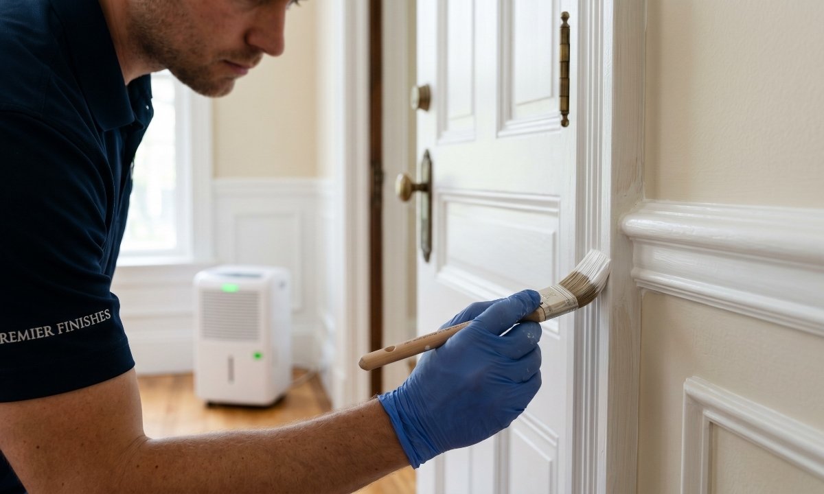 A professional painter carefully applying high-gloss paint to decorative door trim in an Aurora home.
