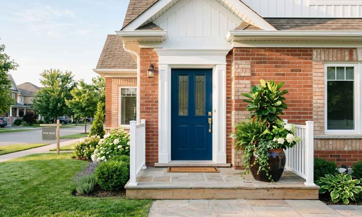 Beautiful home exterior with a freshly painted navy blue front door and white trim to boost curb appeal.