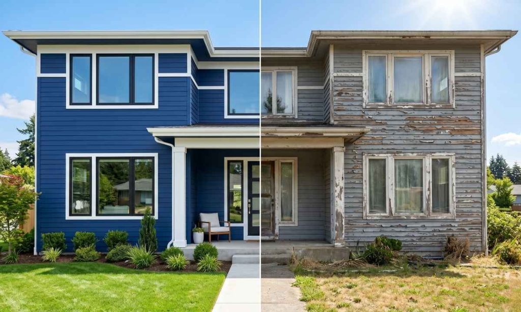 Comparison of a freshly painted home and a house with exterior paint failing