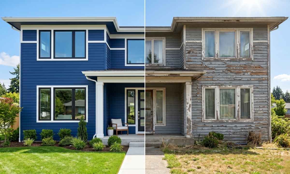 Comparison of a freshly painted home and a house with exterior paint failing