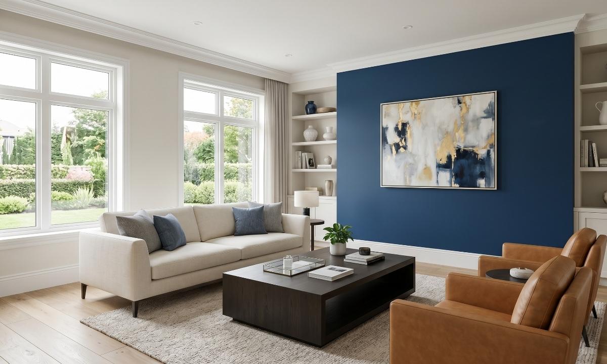 Beautifully finished living room with a freshly painted blue accent wall