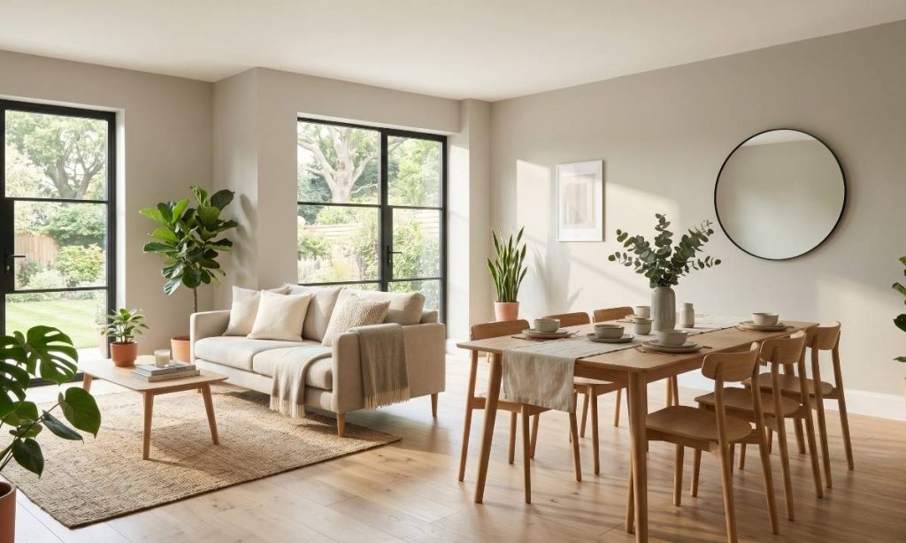 A brightly lit modern living room with flawless interior paint on the walls highlighting home durability.