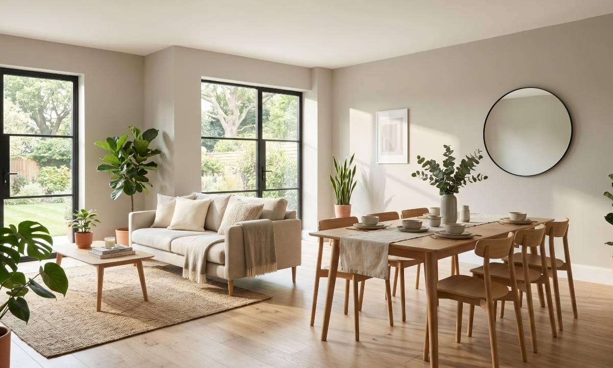 A brightly lit modern living room with flawless interior paint on the walls highlighting home durability.