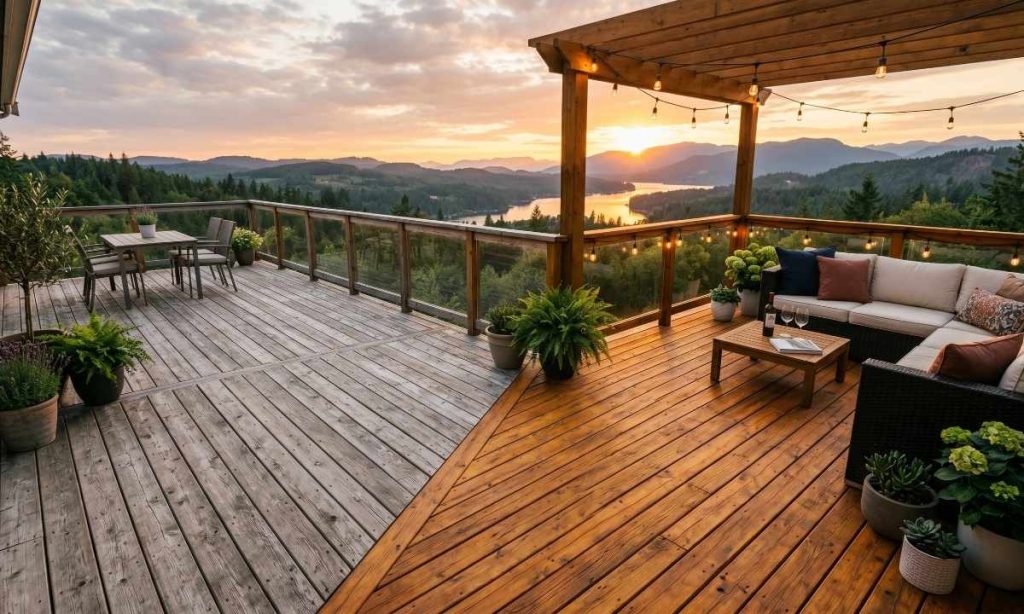 A residential wooden deck showcasing half weathered gray wood and half freshly stained amber wood during sunset.