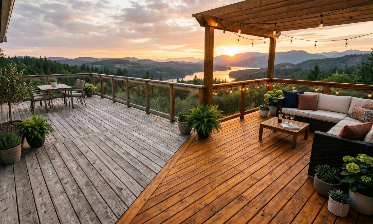 A residential wooden deck showcasing half weathered gray wood and half freshly stained amber wood during sunset.