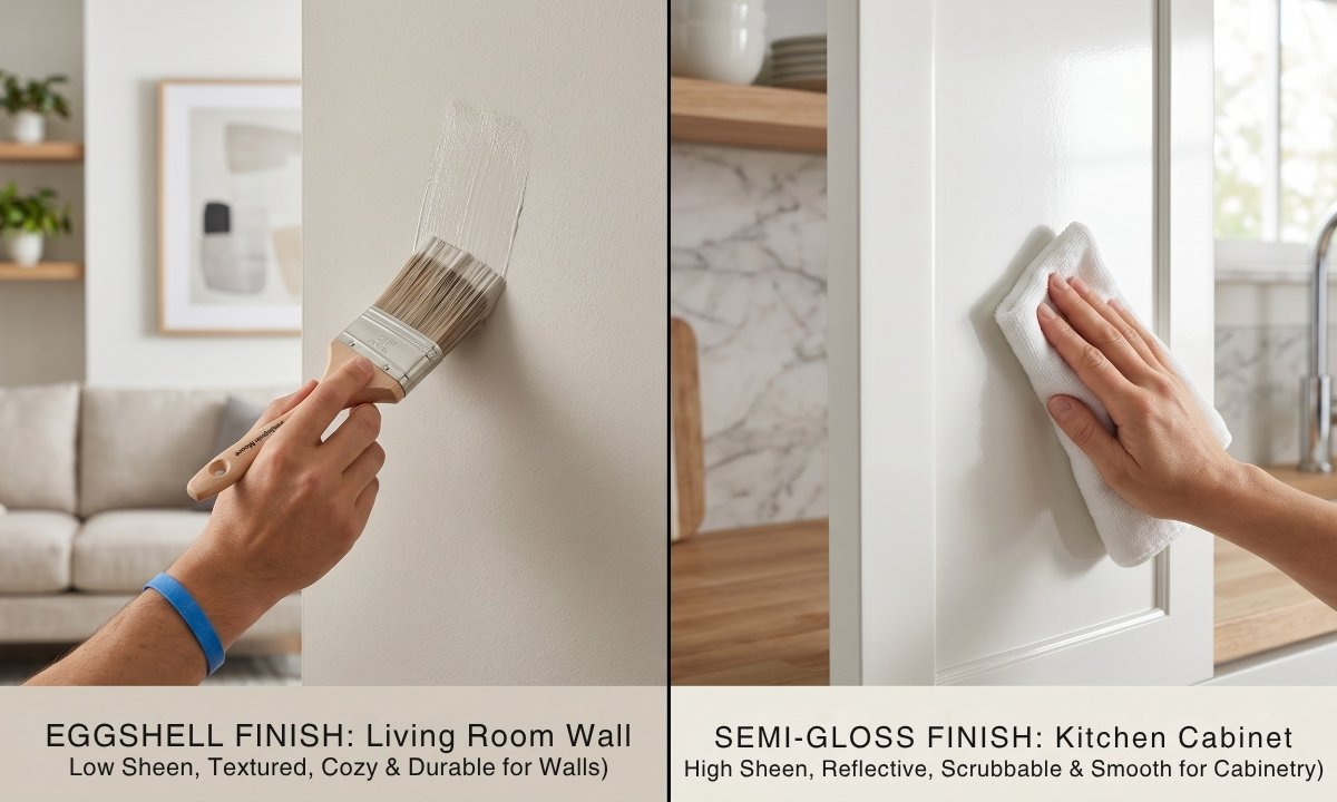A close-up comparison of different interior paint sheens: matte, eggshell, and semi-gloss, illustrating their typical applications in a home.