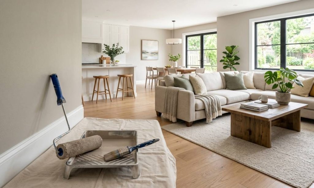 A professionally painted, cozy open-concept living room in a Central Ontario home.
