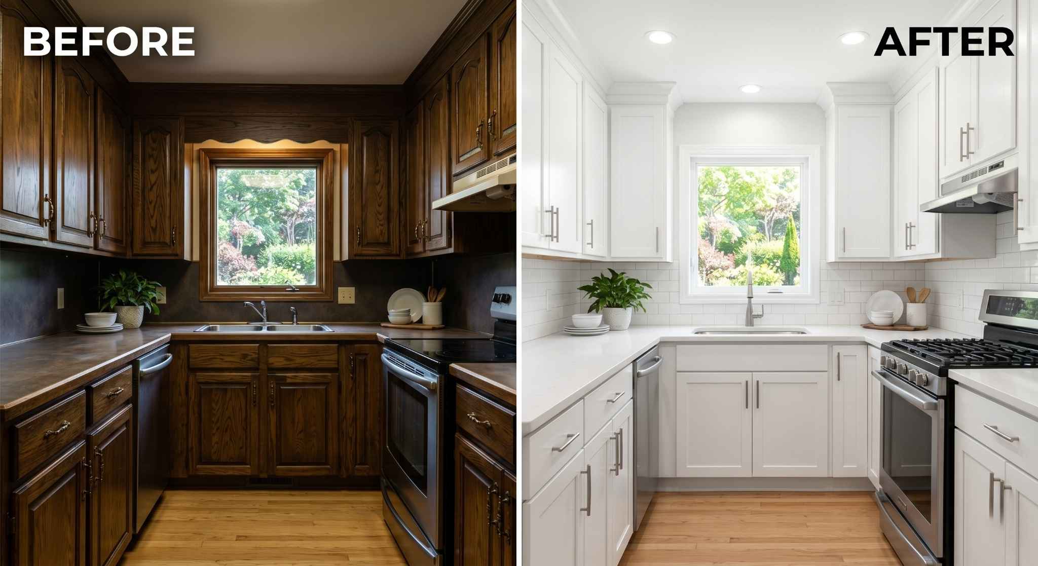 Before and after comparison of dark kitchen cabinets transformed with bright white paint for home staging.