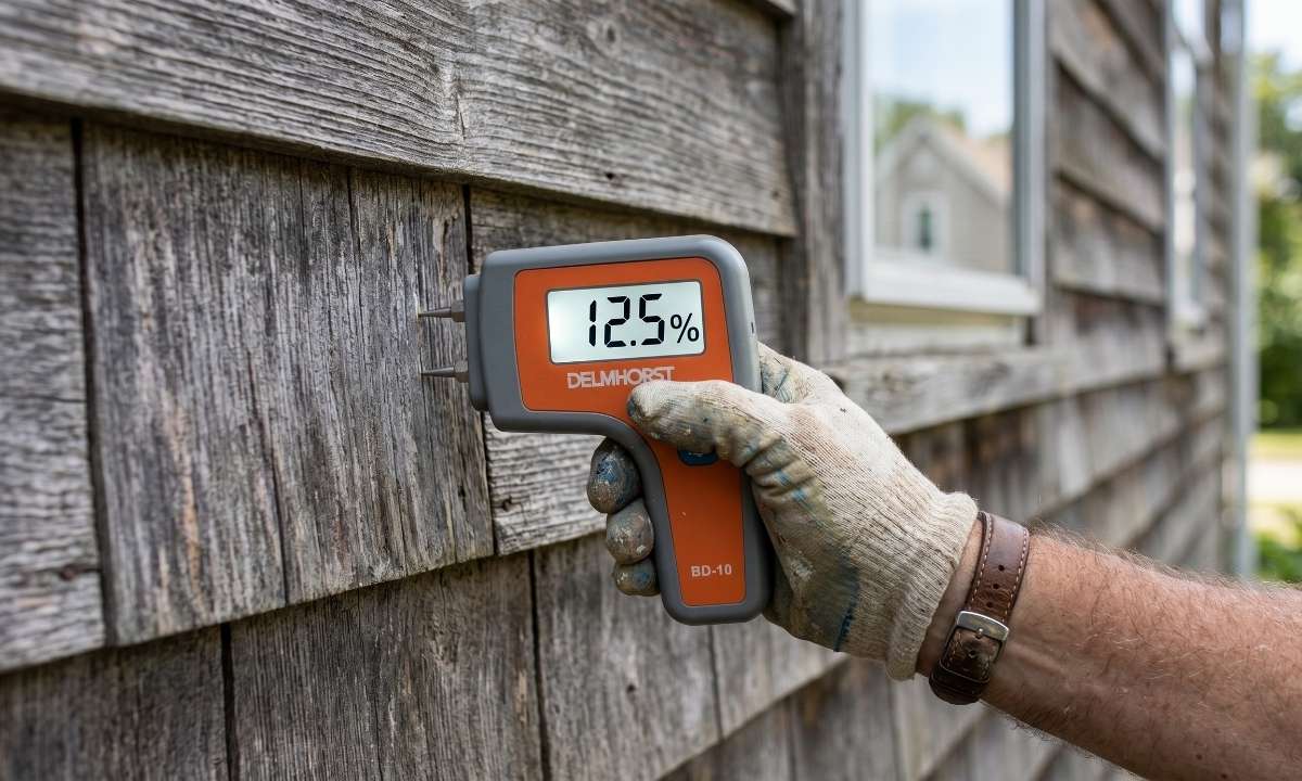 A professional painter uses a digital moisture meter to test wood siding before application, ensuring it's below 15% moisture content.