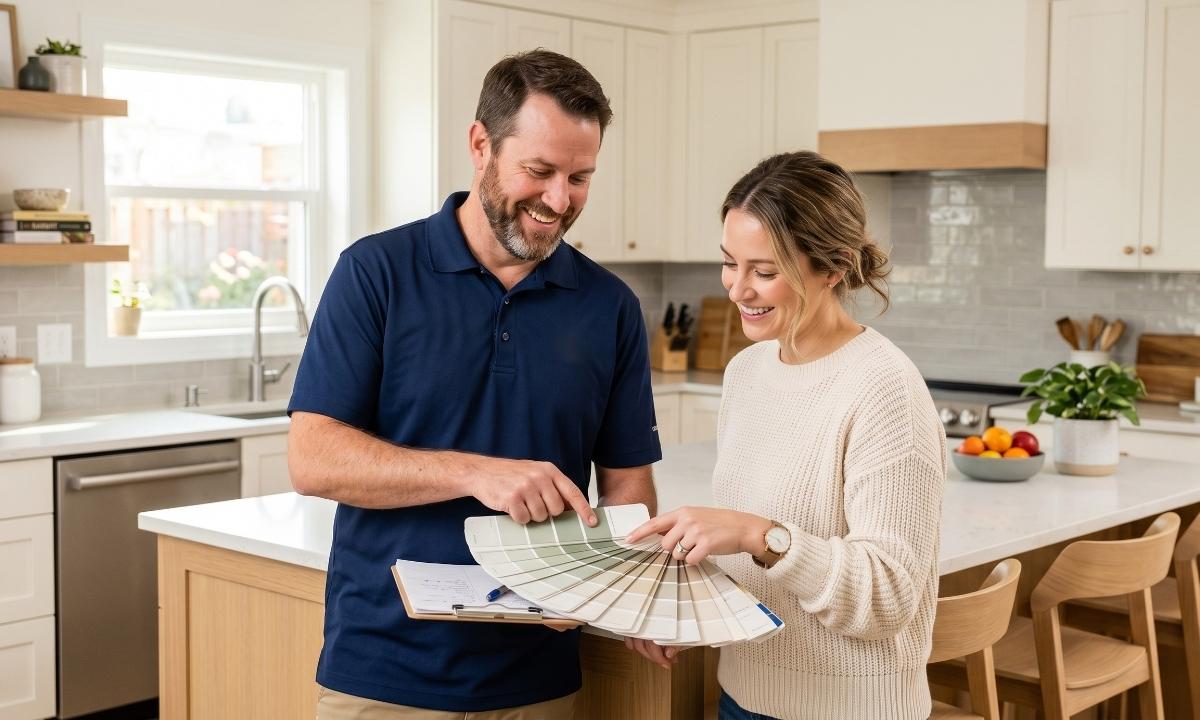 Homeowner discussing paint colors with a professional contractor