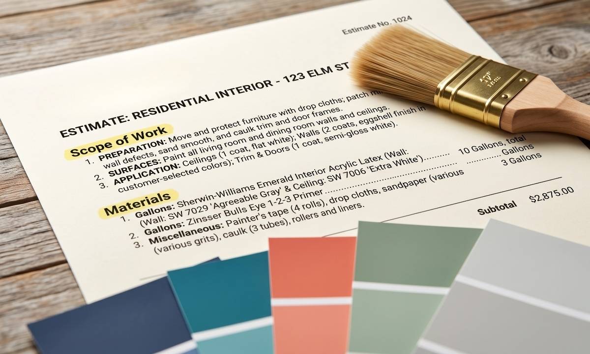 A close-up of a painting estimate breakdown with paint swatches and a brush.