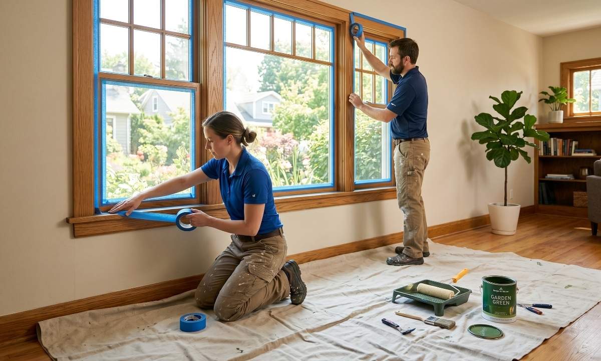 Painters doing careful surface preparation before starting a residential painting proposal.