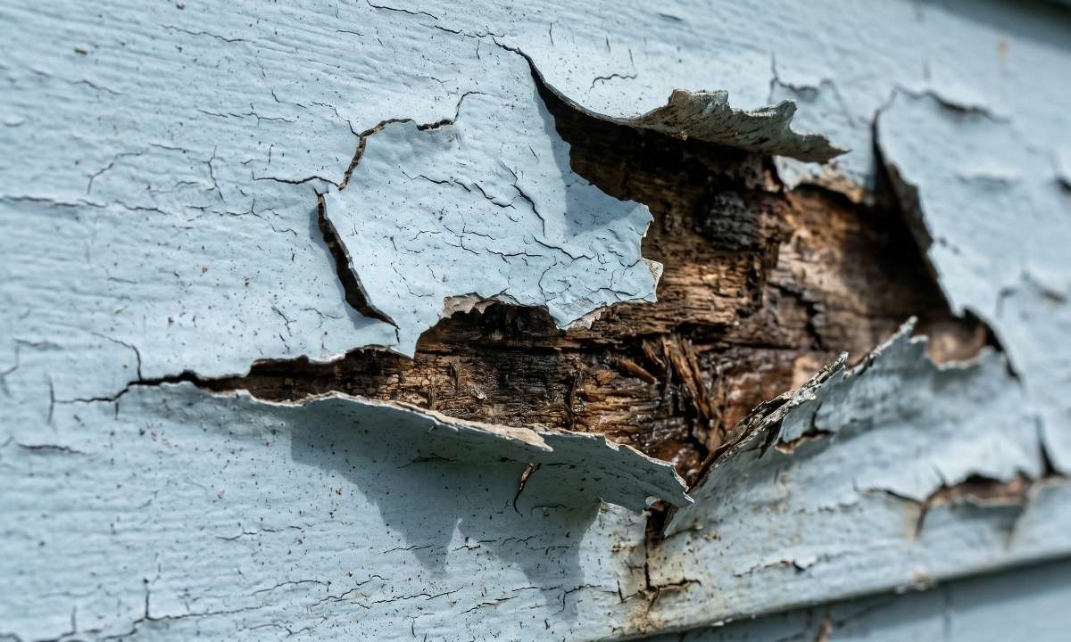 Close up of peeling and blistered exterior paint exposing damaged wood