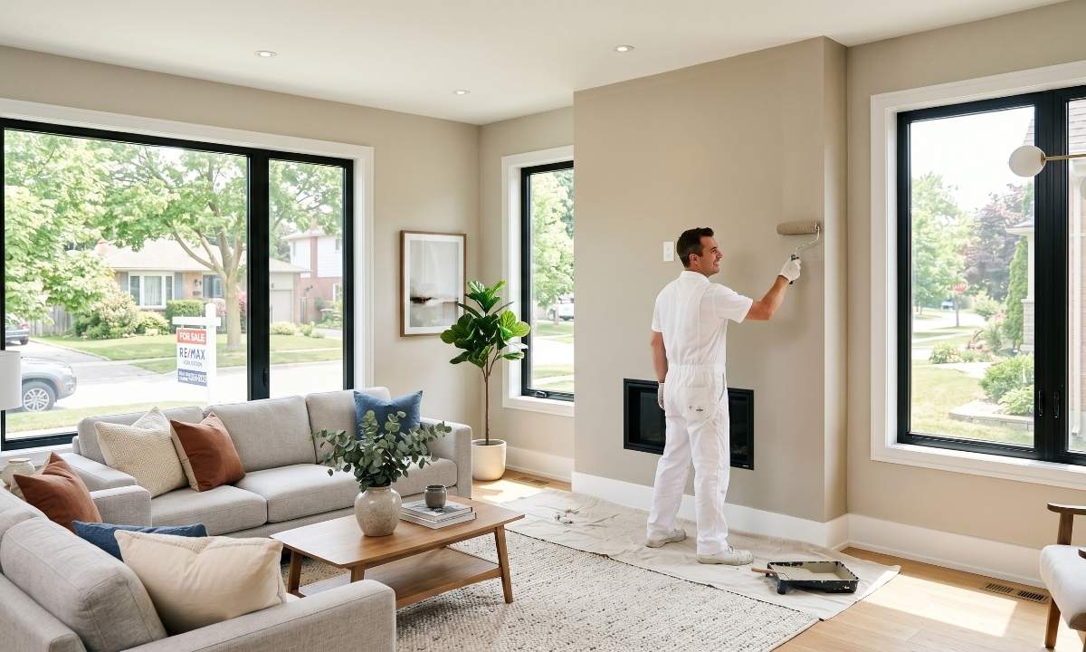 Professional painter applying fresh neutral paint to a bright living room in a York Region home before a real estate sale.