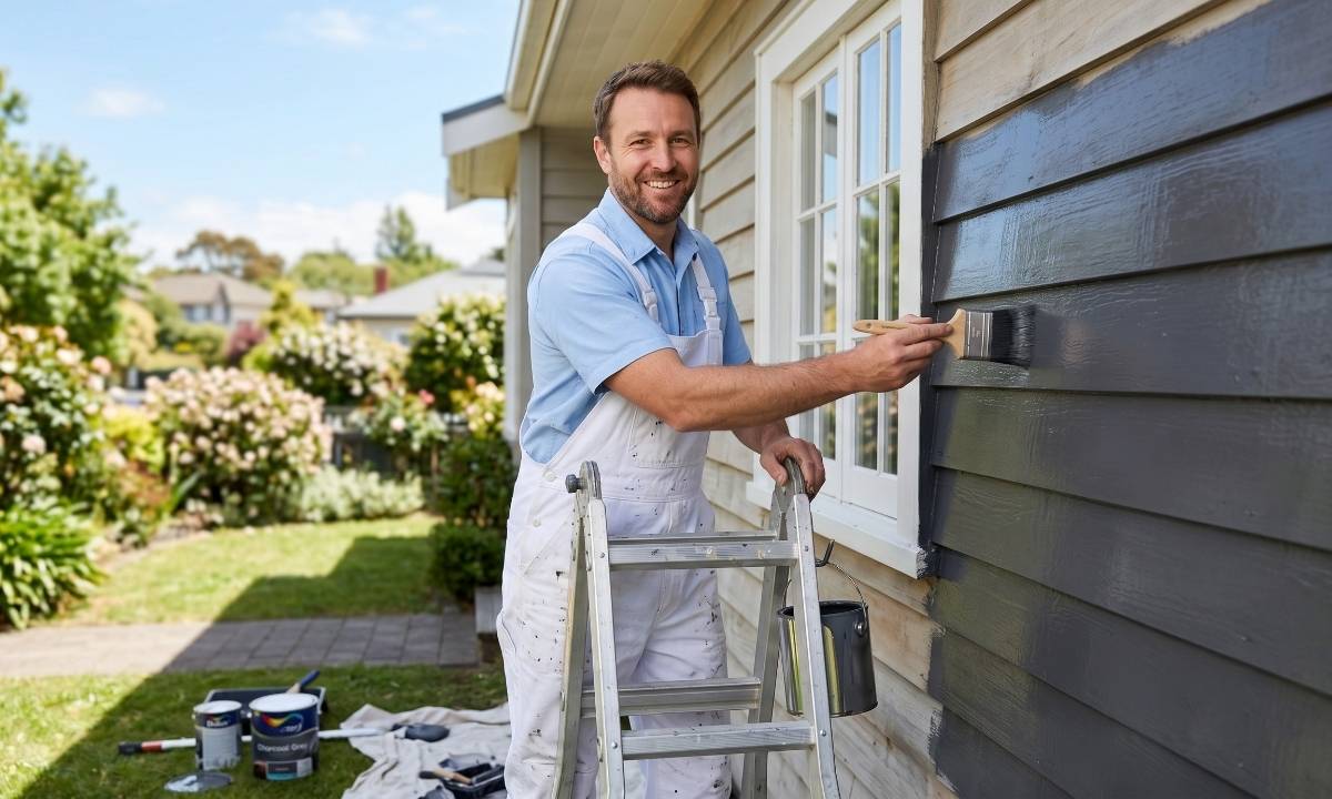 Professional from Caleb's Creations applying fresh exterior house paint