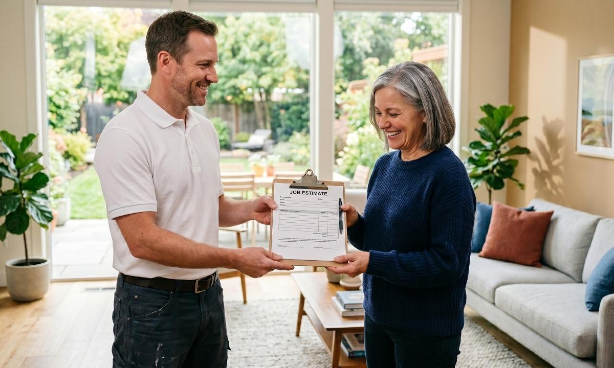 A professional painter handing a detailed professional painting quote to a happy homeowner.