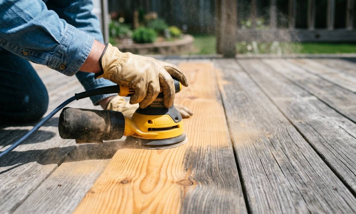 An orbital sander smoothing out weathered wood boards to reveal clean timber grain during deck restoration.
