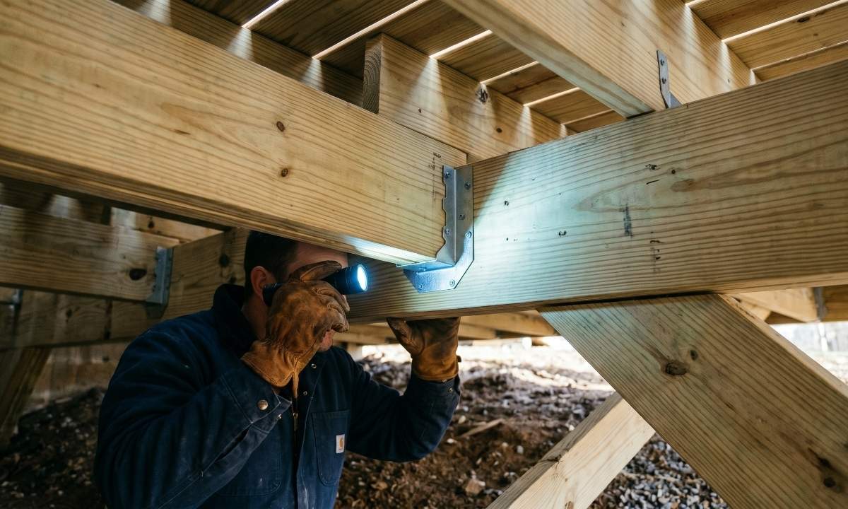 A close-up inspection of healthy wooden deck joists and metal structural hangers using a flashlight underneath.