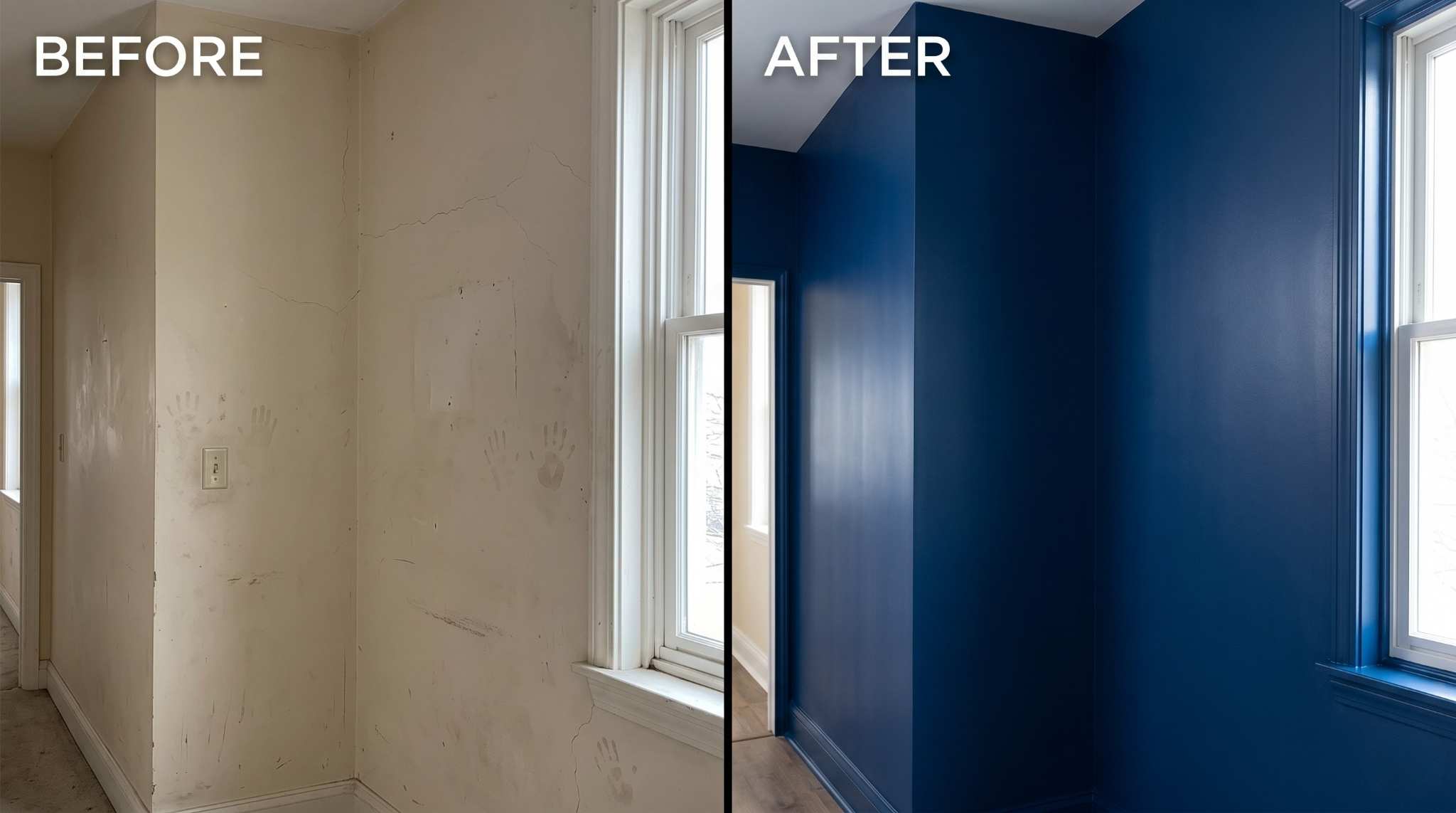 A comparison of a faded, scuffed wall next to a freshly painted wall evaluating how long does interior paint last.