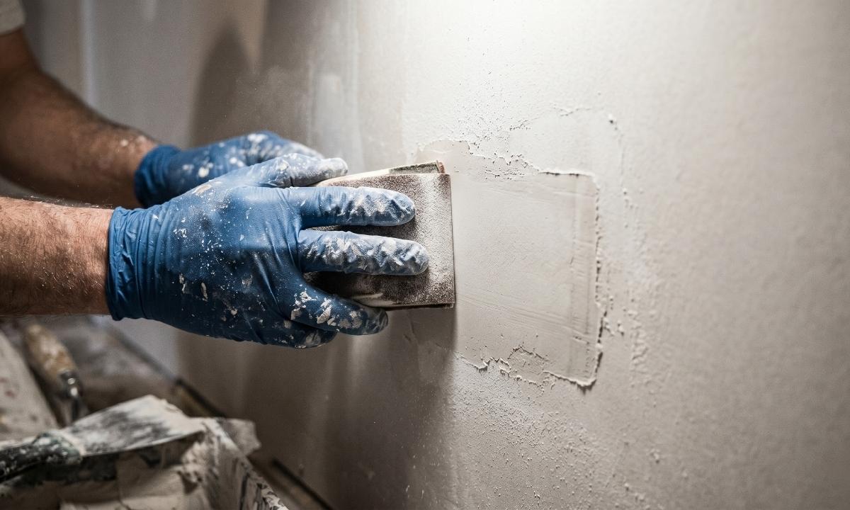 Close up of a painter sanding and preparing a wall for paint