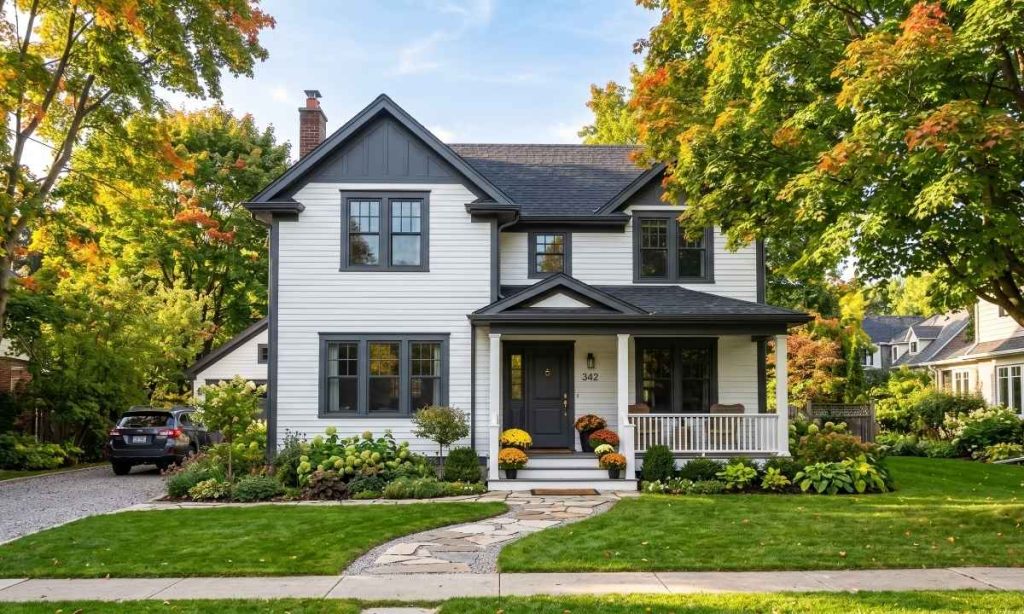 Freshly painted home exterior in Ontario on a clear fall morning showing ideal painting conditions