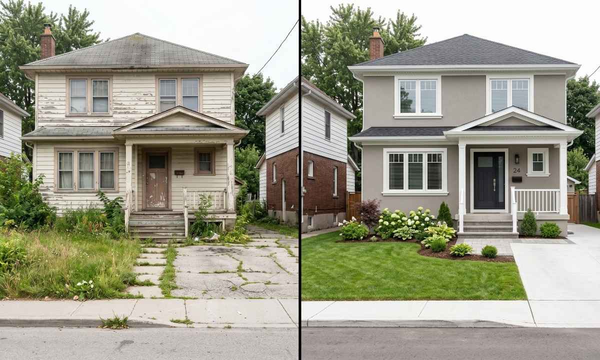 Before and after comparison showing how fresh exterior paint improves neighbourhood curb appeal and property value