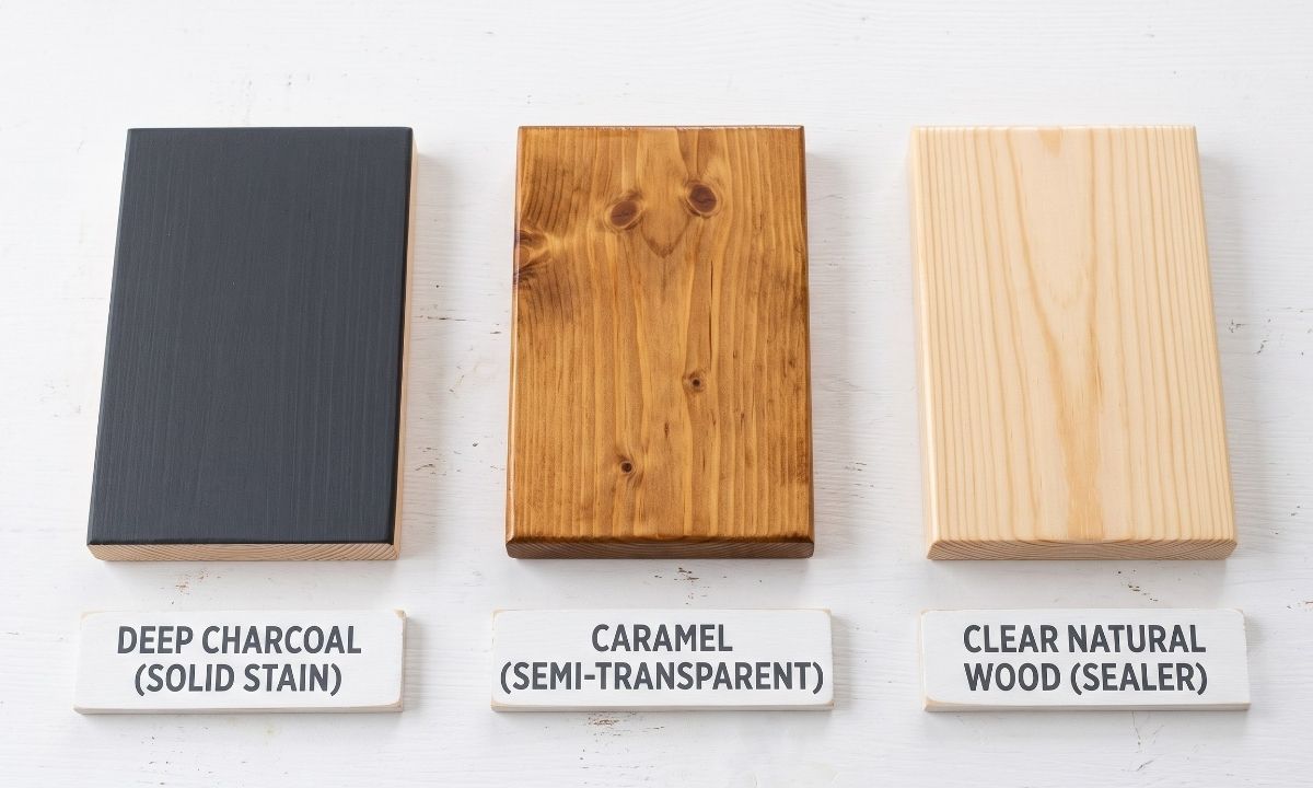 Side-by-side comparison of solid stain, semi-transparent stain, and clear sealer on wood samples