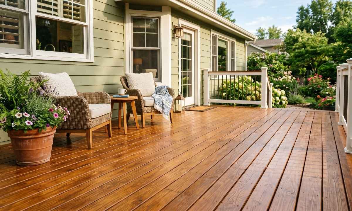 Freshly stained deck on an Ontario home contributing to neighbourhood curb appeal and property value