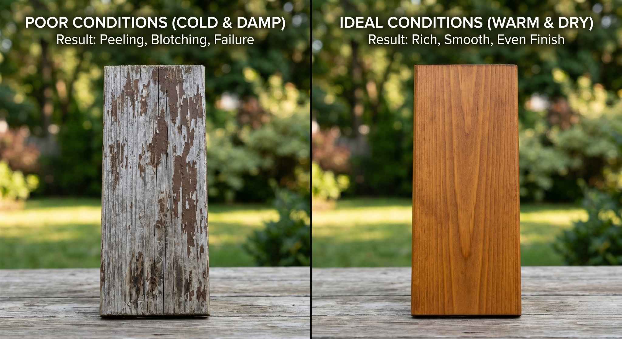 Side-by-side comparison of deck staining results in poor versus ideal weather conditions