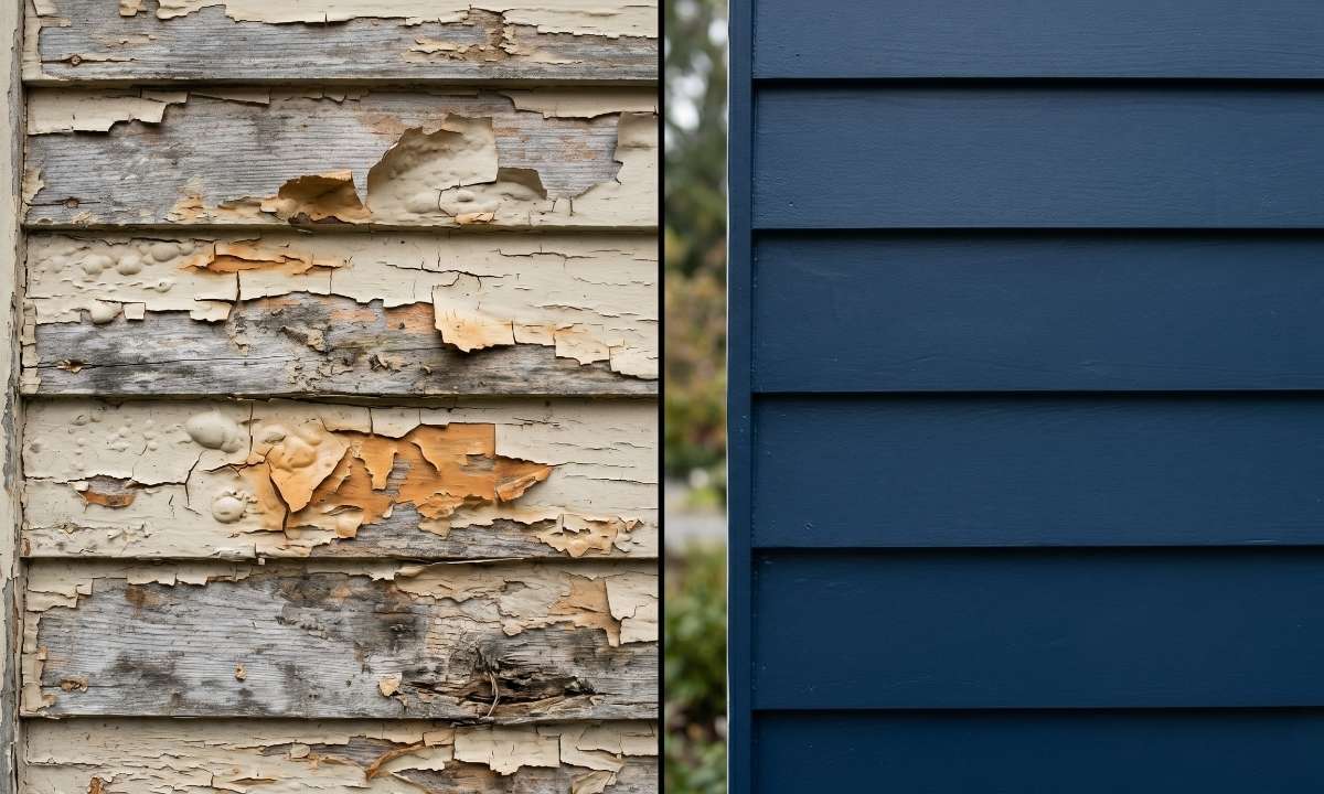 Split image comparing peeling exterior paint failure with a professional quality paint finish in Ontario