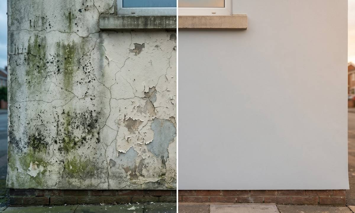 Before and after comparison of Bradford exterior wall showing weathered render vs freshly painted masonry