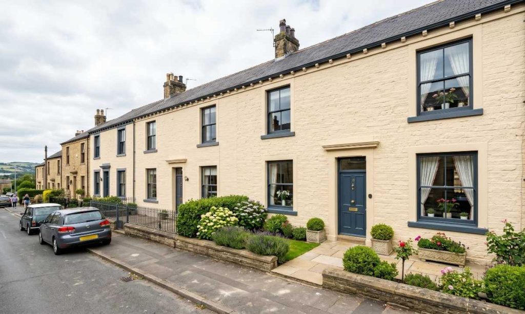 Freshly painted stone terrace exterior in Bradford showing cream masonry paint and charcoal window frames