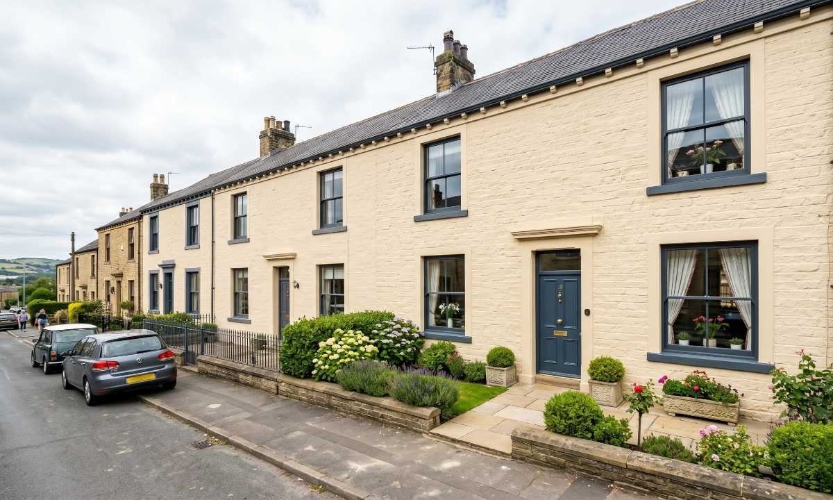 Freshly painted stone terrace exterior in Bradford showing cream masonry paint and charcoal window frames
