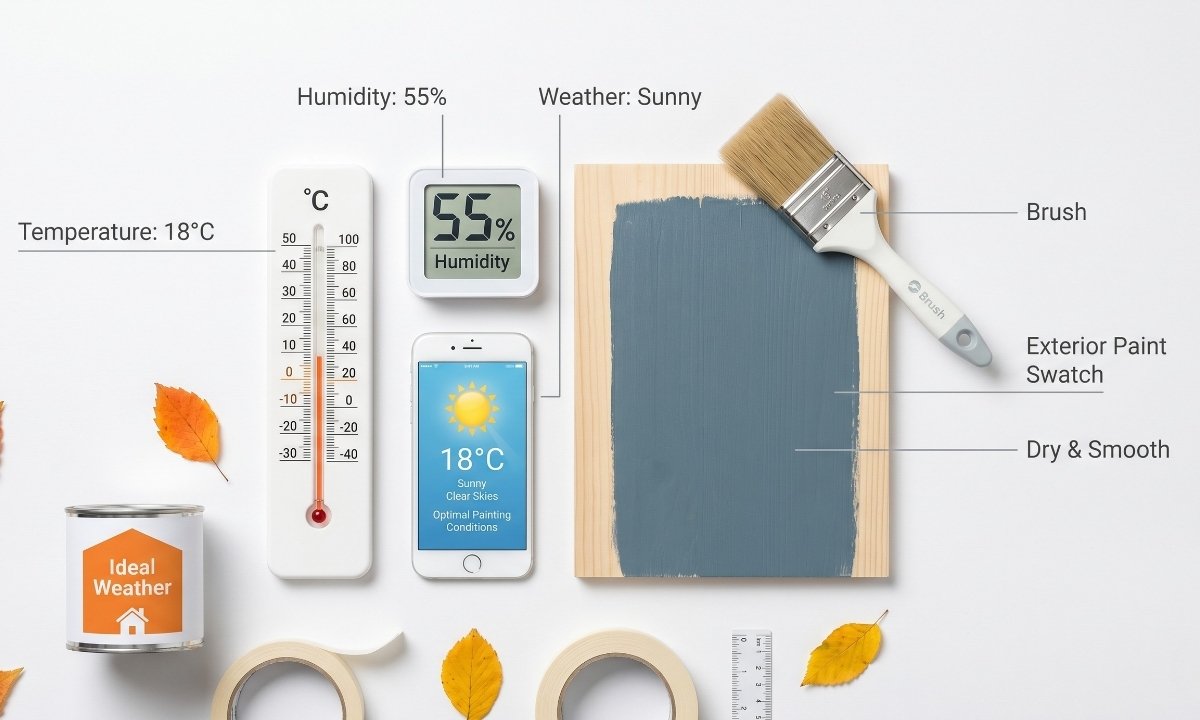 Flat lay showing ideal weather conditions for exterior painting in Ontario including temperature and humidity tools