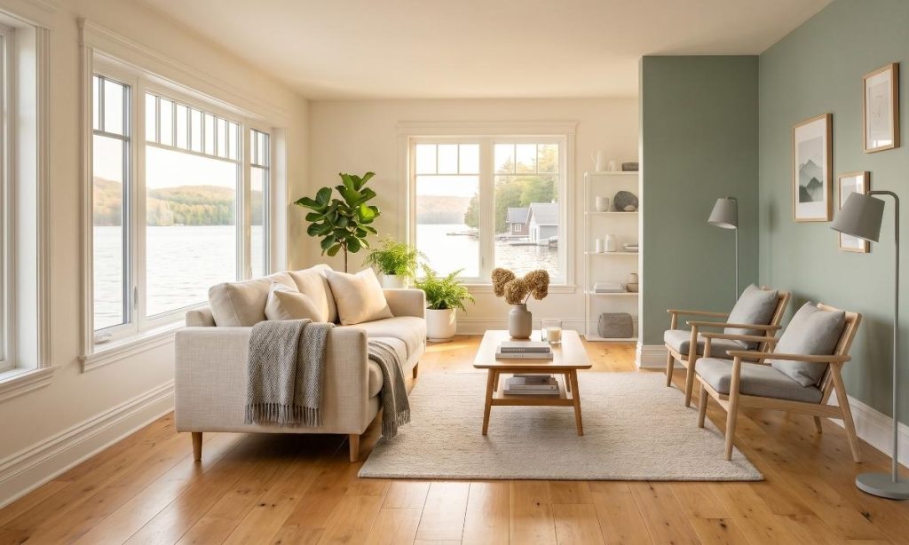 Freshly painted living room interior in a Keswick ON home near Lake Simcoe with sage green feature wall