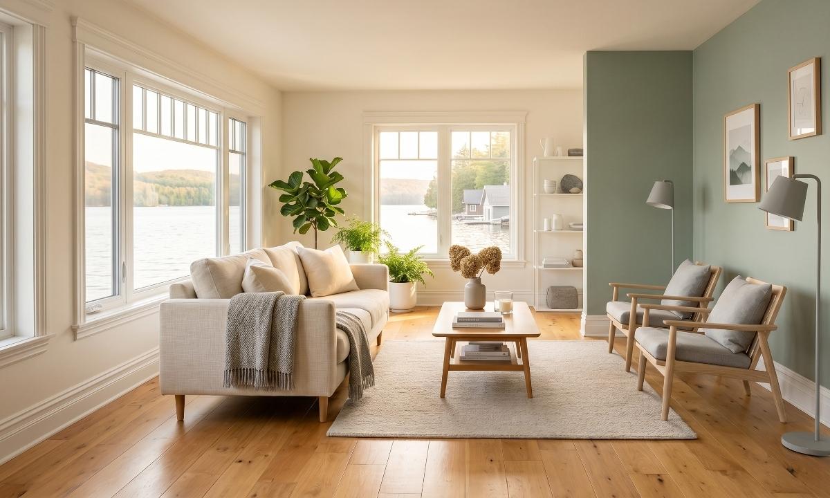 Freshly painted living room interior in a Keswick ON home near Lake Simcoe with sage green feature wall