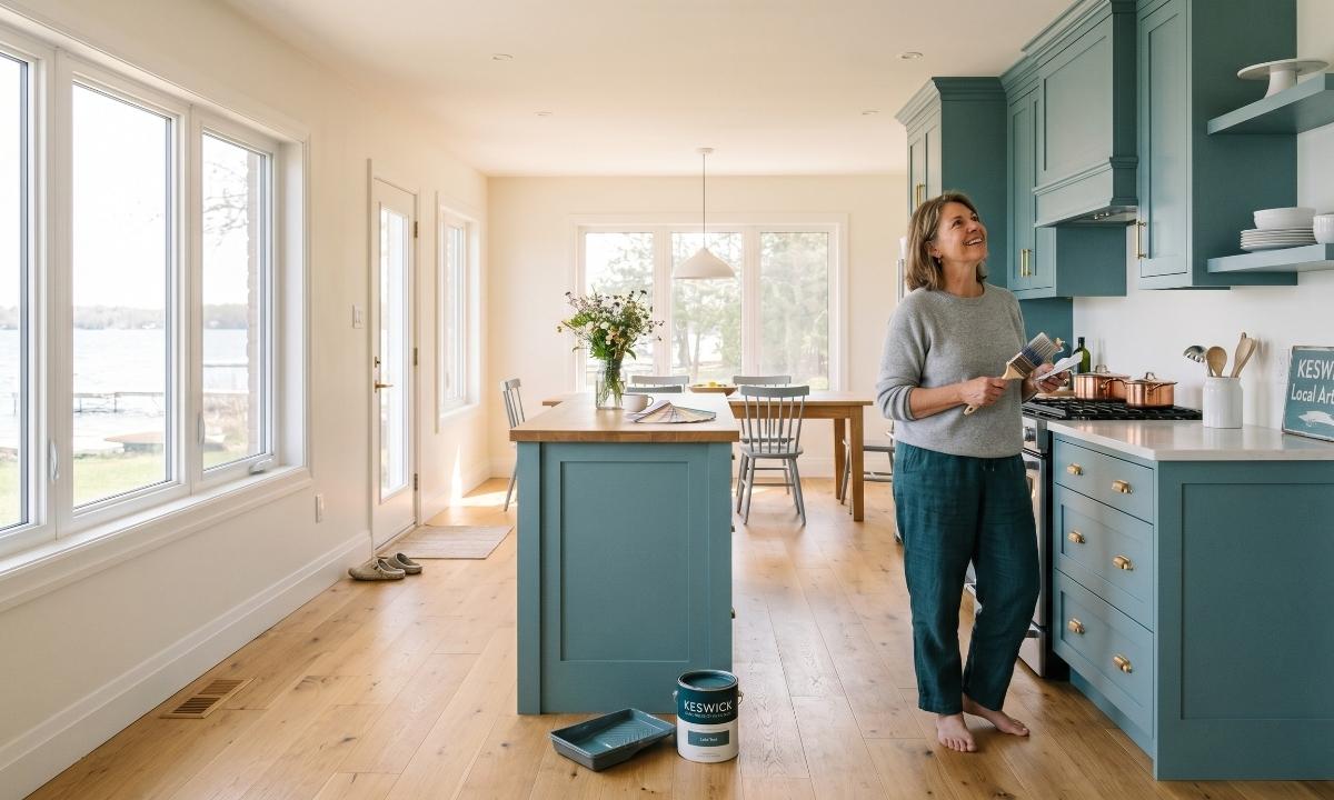 Homeowner admiring interior painting results in a Keswick ON kitchen with lake views and teal cabinetry