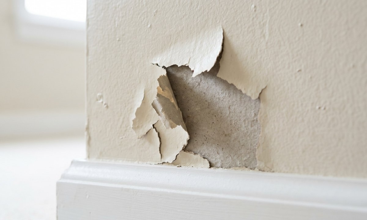 Paint peeling off a wall near a baseboard due to skipping primer and poor paint adhesion