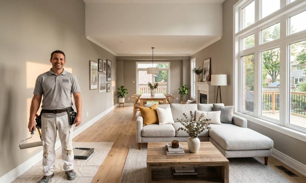 Professional painter refreshing a living room interior as a high-ROI home upgrade in Ontario