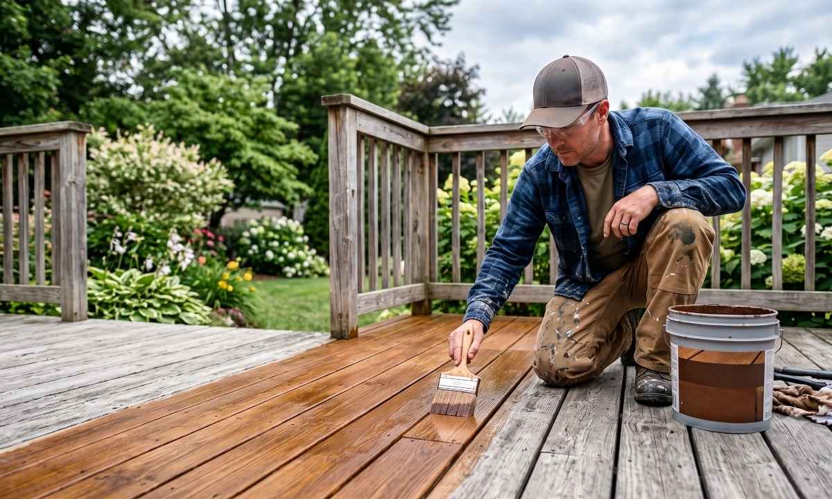 Professional applying deck stain with a brush, showing the transformation from weathered grey wood