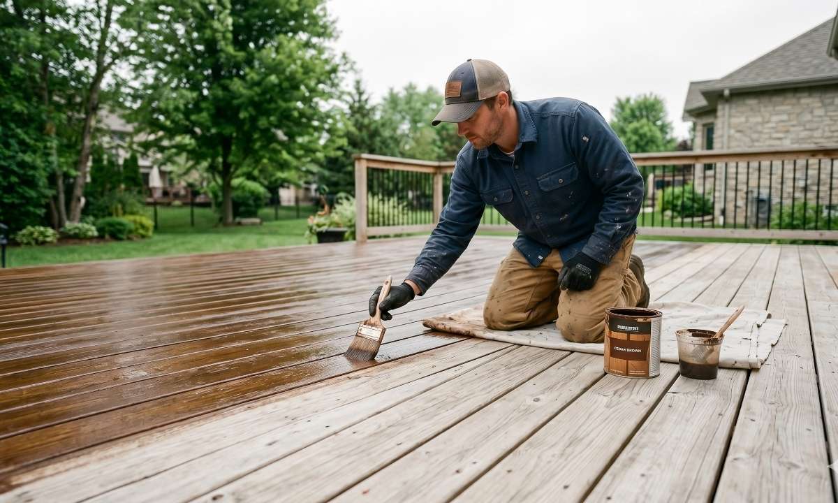 Professional applying deck stain on a residential deck in ideal overcast weather conditions in Ontario