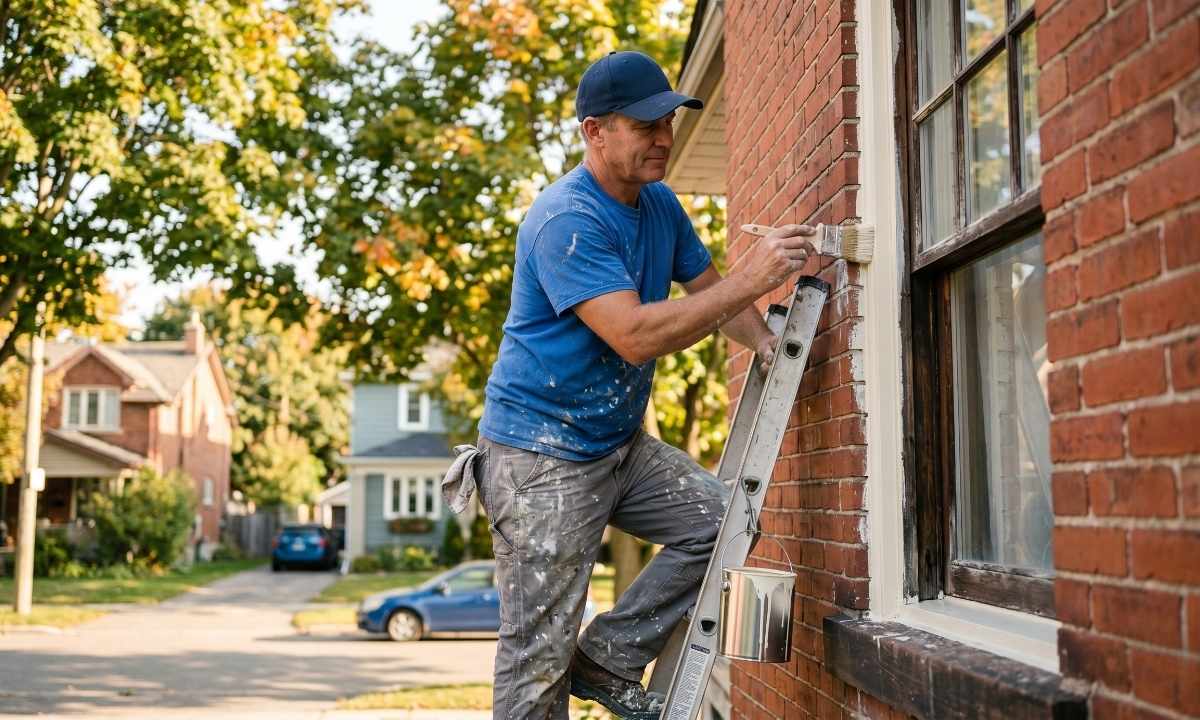 Professional exterior painter applying paint to an Ontario home's trim on a clear fall afternoon