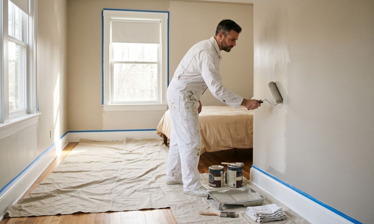 Professional painter applying second coat during interior painting project in a Keswick ON bedroom