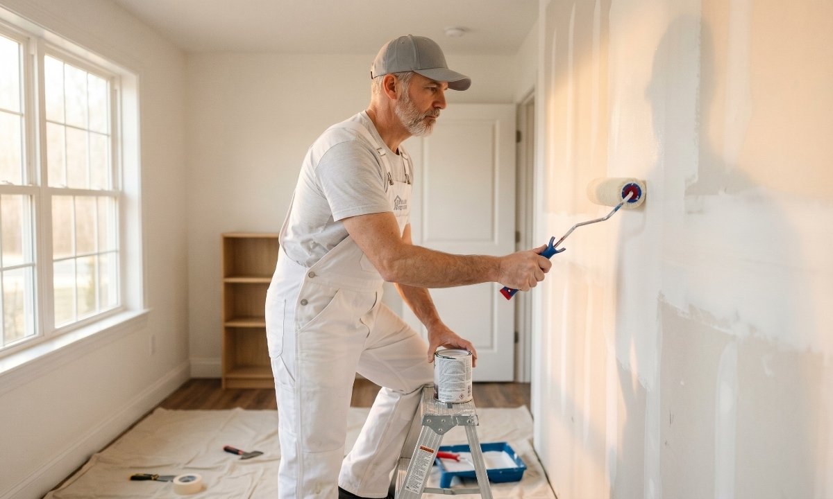 Professional painter applying white primer to drywall interior wall before painting for proper paint adhesion