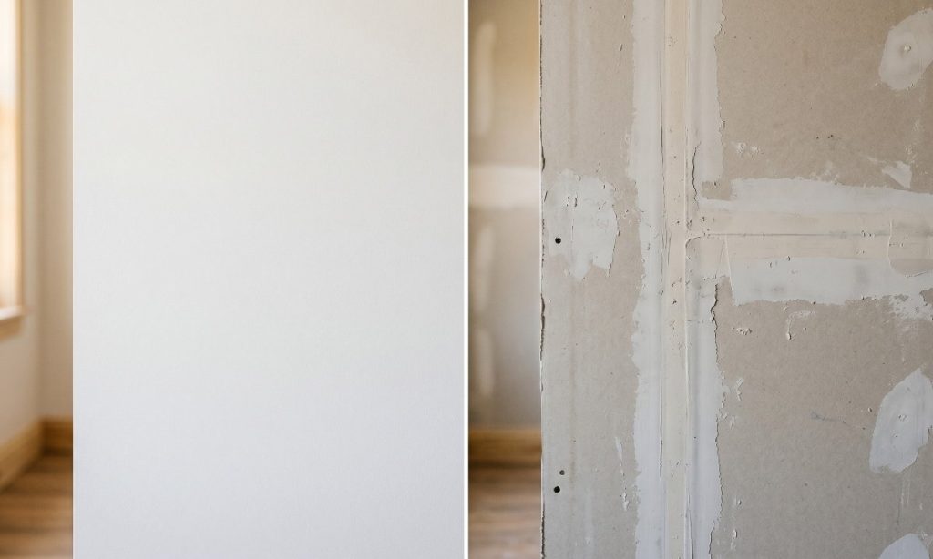 Side-by-side comparison of a primed wall and unprimed drywall showing the importance of primer for paint adhesion